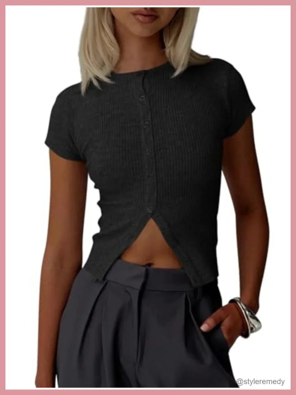 Short Sleeve Button Down Cropped Cardigan - Slim Fit Ribbed Knit Summer Top